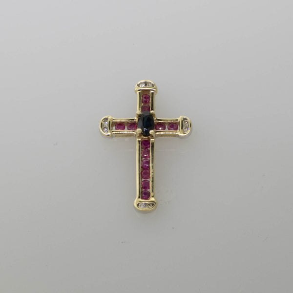 10K Yellow Gold Cross Pendant w/ Sapphire, Rubies & Diamonds 1.2 DWT Vintage