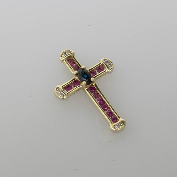 10K Yellow Gold Cross Pendant w/ Sapphire, Rubies & Diamonds 1.2 DWT Vintage