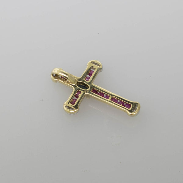 10K Yellow Gold Cross Pendant w/ Sapphire, Rubies & Diamonds 1.2 DWT Vintage