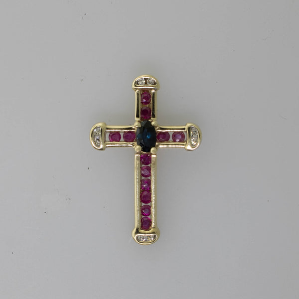 10K Yellow Gold Cross Pendant w/ Sapphire, Rubies & Diamonds 1.2 DWT Vintage