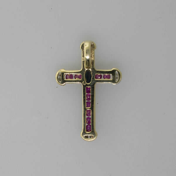 10K Yellow Gold Cross Pendant w/ Sapphire, Rubies & Diamonds 1.2 DWT Vintage