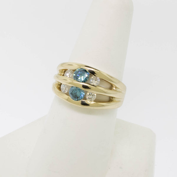 14K Yellow Gold (Treated) Blue and Clear Diamond Ring 1.02CTW Sz 8 (Estate)