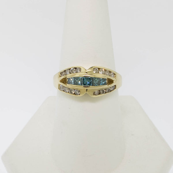 14K Yellow Gold Natural Diamond and Treated Blue Diamond Ring Size 8.75 (Estate)