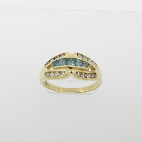 14K Yellow Gold Natural Diamond and Treated Blue Diamond Ring Size 8.75 (Estate)
