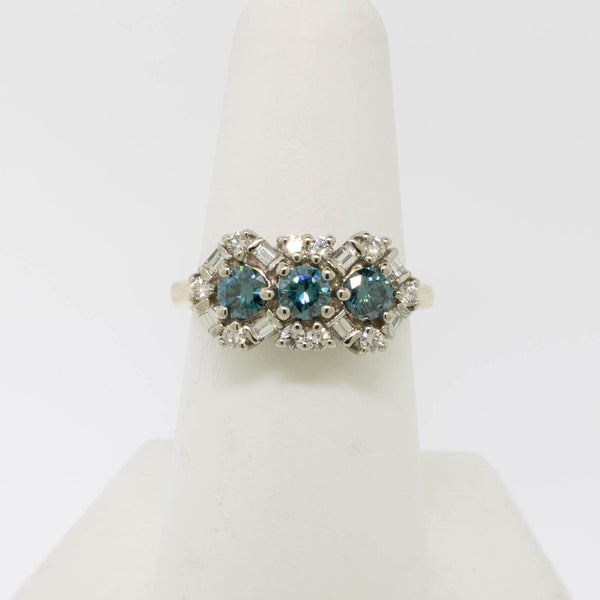 14K Yellow/White Gold with Blue and Clear Diamonds Ring Size 6.5 Estate Jewelry