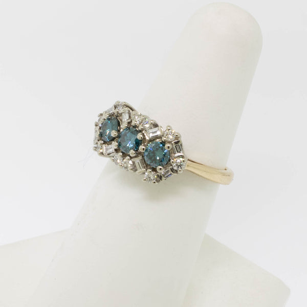 14K Yellow/White Gold with Blue and Clear Diamonds Ring Size 6.5 Estate Jewelry