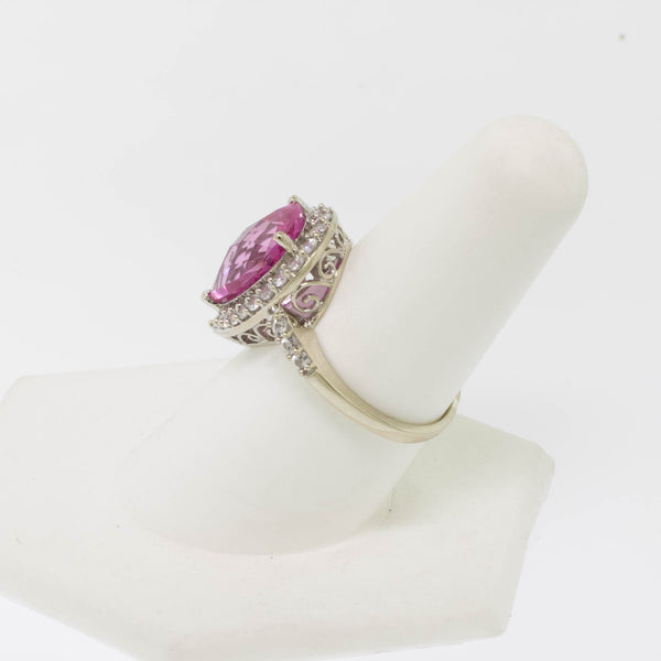 10K White Gold Imitation Pink and Clear Stone Ring Size 8 (Estate Ring)