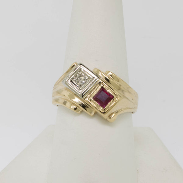 14K Yellow/White Gold Diamond and Synth. Ruby Ring Size 9 Preowned Jewelry