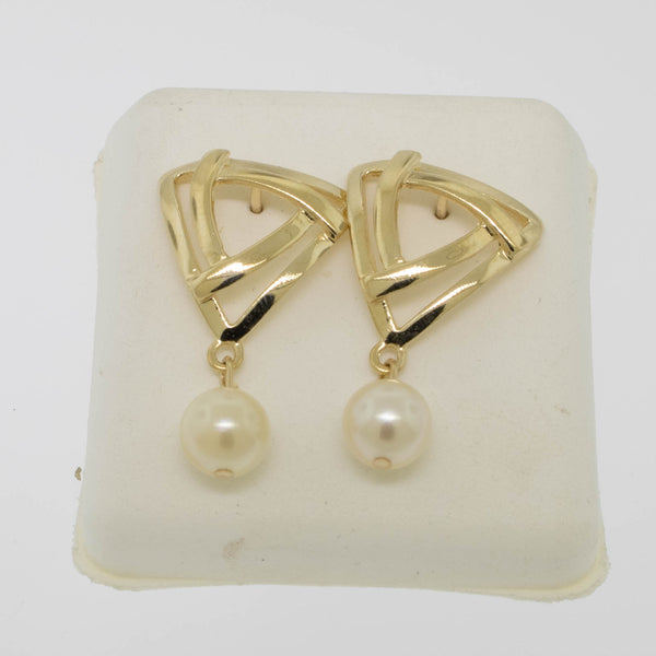 14K Yellow Gold Triangle Earrings Pearl Drop Preowned Jewelry