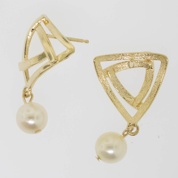 14K Yellow Gold Triangle Earrings Pearl Drop Preowned Jewelry