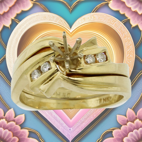 14K Yellow Gold Diamond Wedding Semi Set Holds ~.25 CT Center Stone Sz 6-1/2
