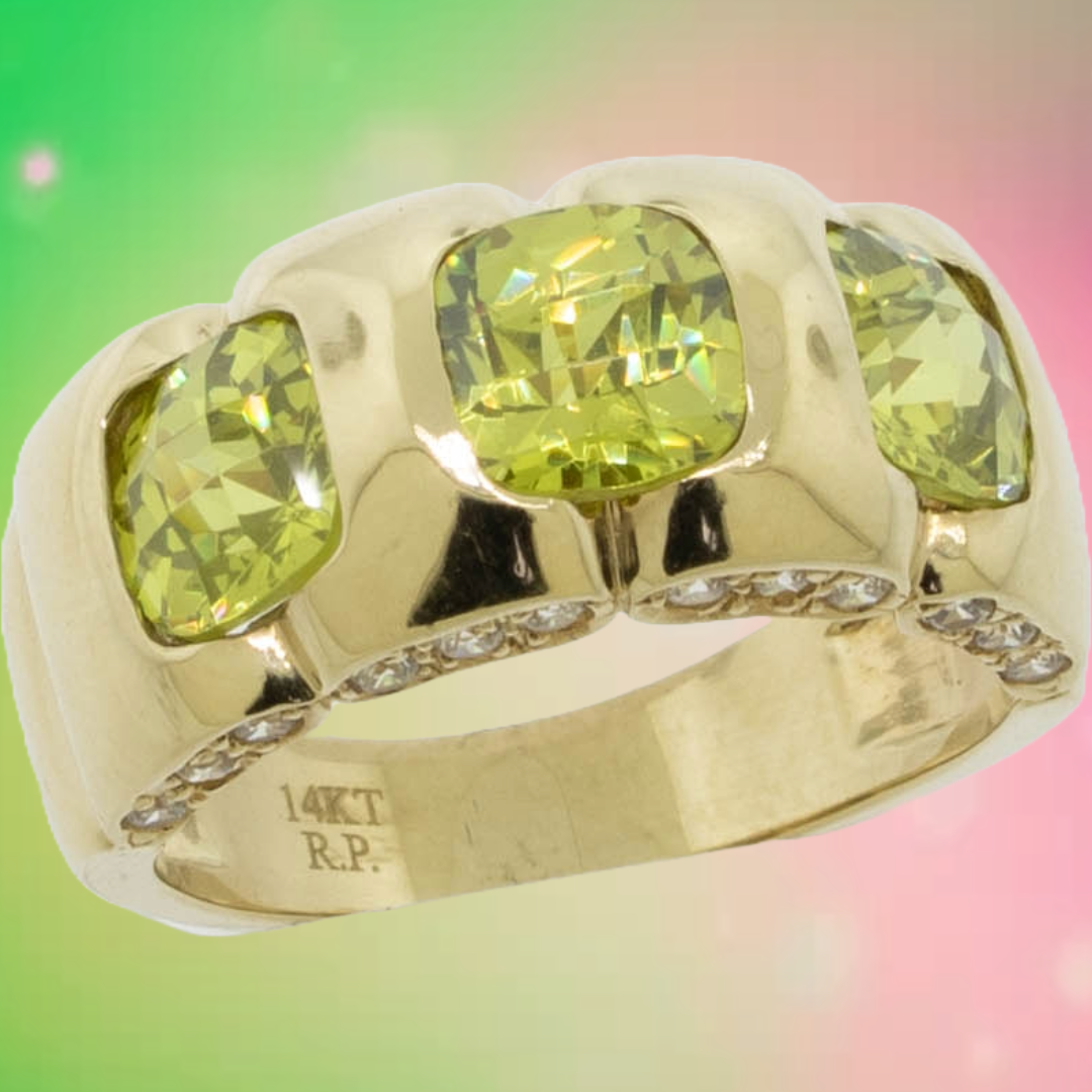 14K Yellow Gold Imitation Peridots and Pink Diamonds Size 7 Preowned Jewelry