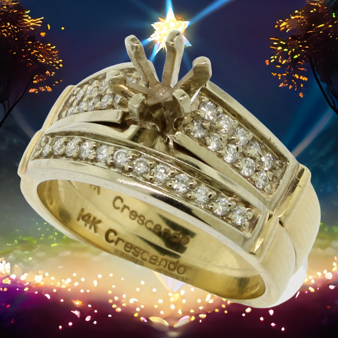 14k Yellow Gold Diamond Wedding Set Complimentary Mounting Size 6.75