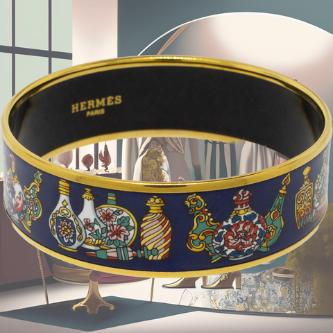 Hermes 7.5" Enamel Bangle Bracelet Gold-Plated Perfume Bottles Preowned Jewelry