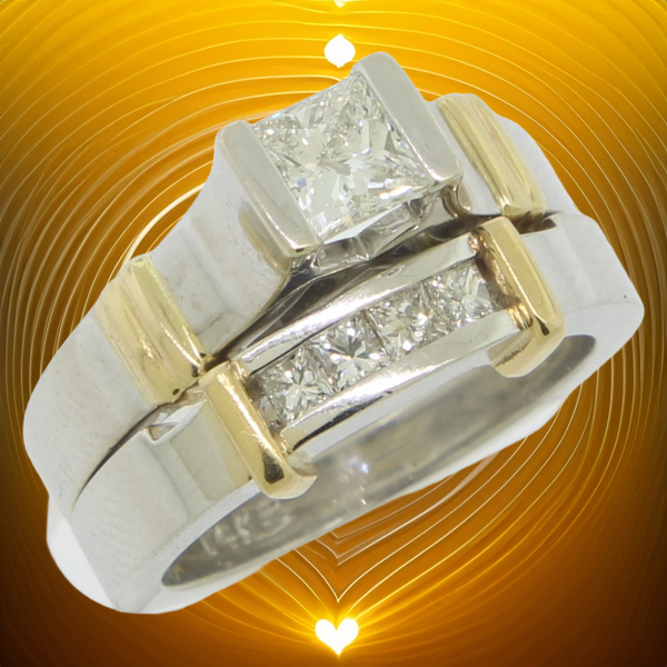 14K White and Yellow Gold Diamond Wedding Set (Engagement + Band) (Brand New)