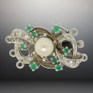 Preowned 18K White Gold 3-Strand Pearl Clasp with Emeralds and White Stones