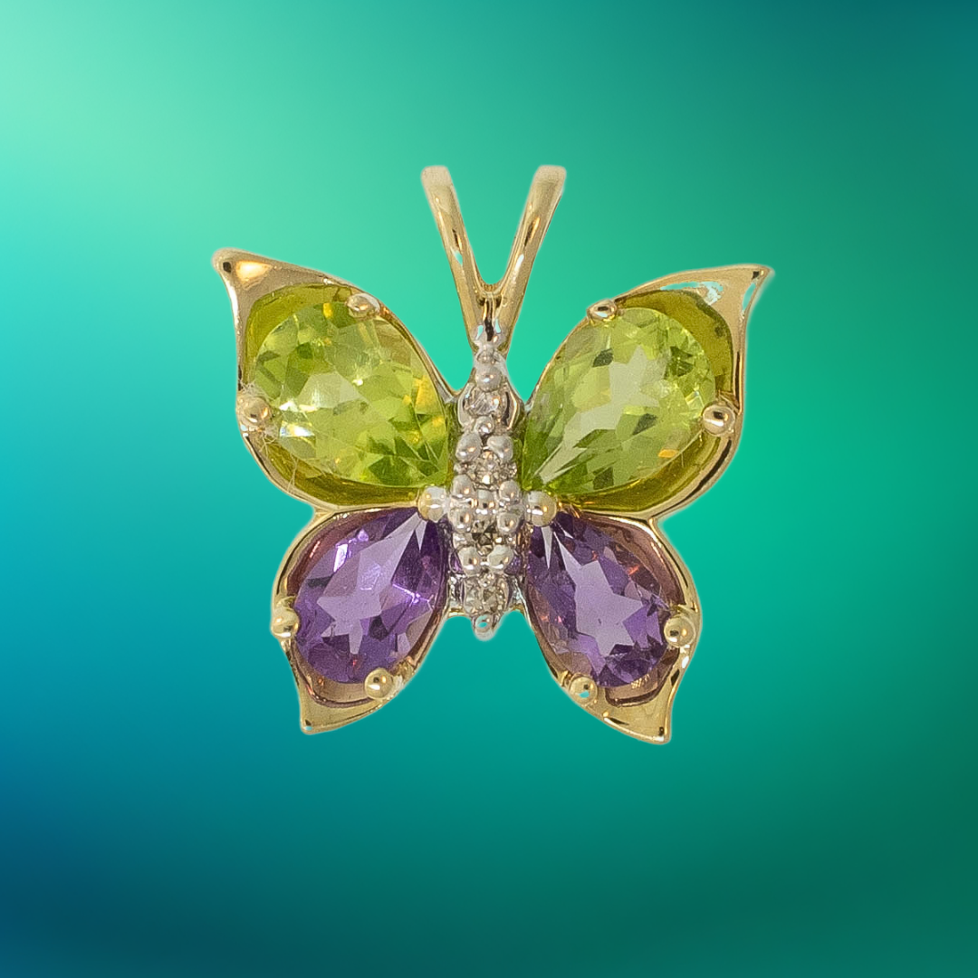 Preowned 14K Yellow Gold Peridot, Amethyst & Diamond Butterfly Pendant