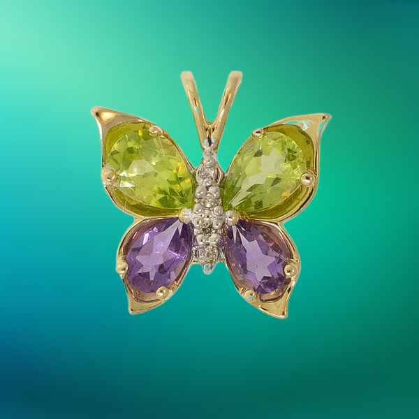 Preowned 14K Yellow Gold Peridot, Amethyst & Diamond Butterfly Pendant