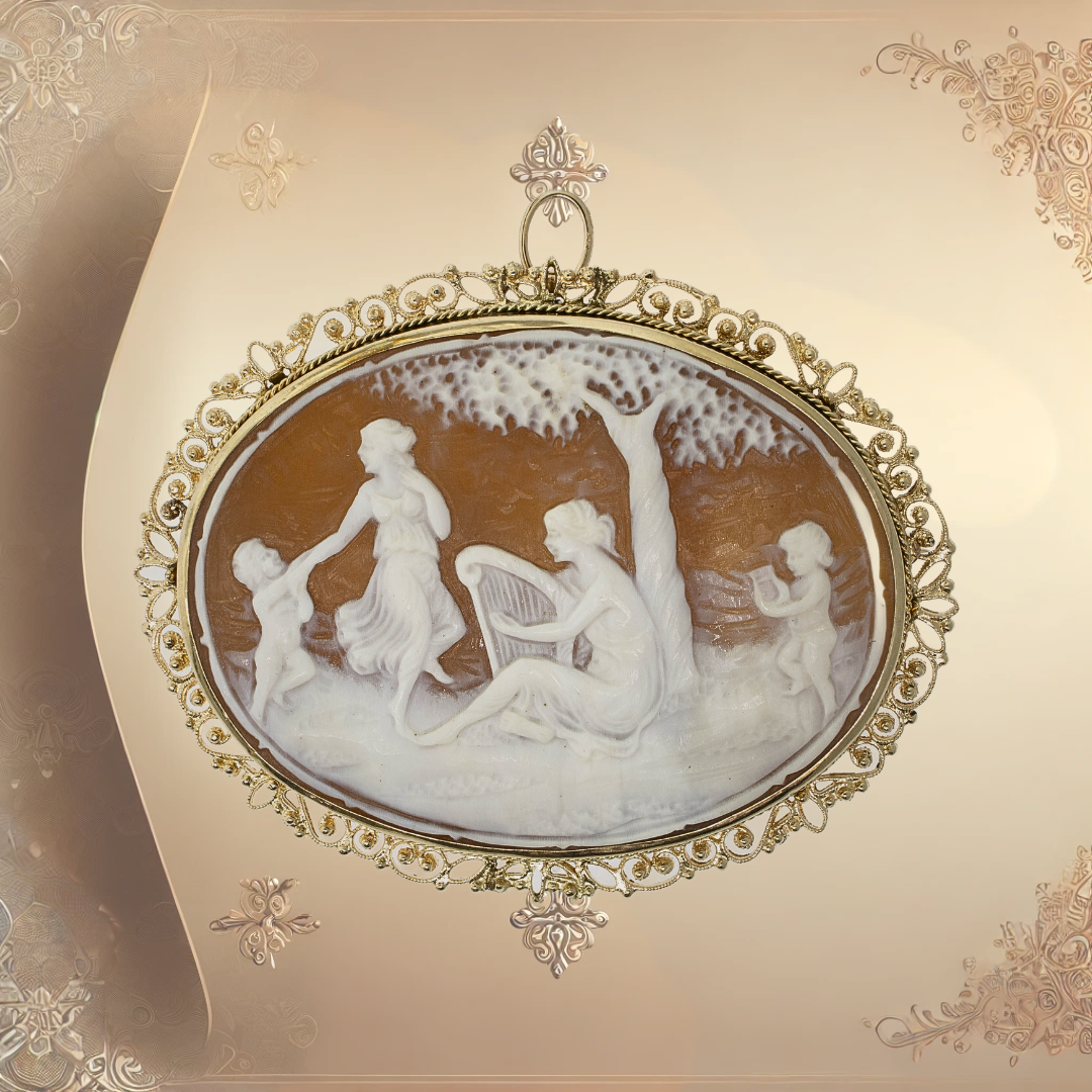 14KY Oval Cameo Pin/Pendant 61x64.5mm Cherubs & Ladies Scene 11.5 DWT