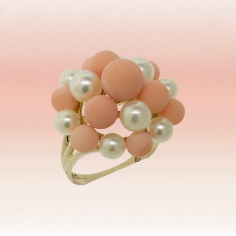 Pre-Owned 14K Yellow Gold Pink Coral & Cultured Pearl Ring, Size 7.25, 5.2 DWT