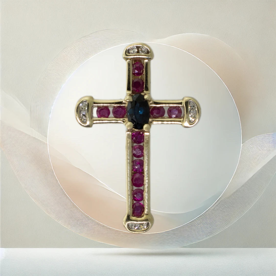 10K Yellow Gold Cross Pendant w/ Sapphire, Rubies & Diamonds 1.2 DWT Vintage