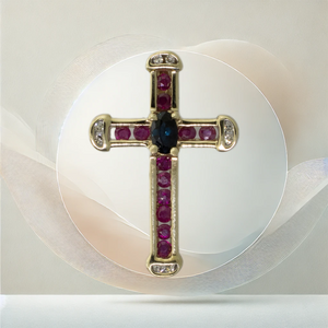 10K Yellow Gold Cross Pendant w/ Sapphire, Rubies & Diamonds 1.2 DWT Vintage