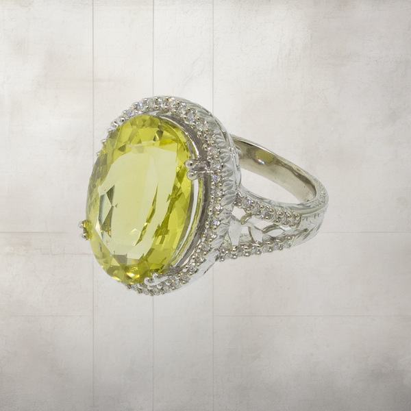 Pre-Owned 14K White Gold Lemon Quartz & Diamond Ring 11CT, Size 6-3/8, 6 DWT