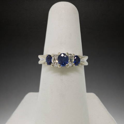 Previously Owned 14K White Gold Ring with Sapphires and Diamonds, Size 6-1/8