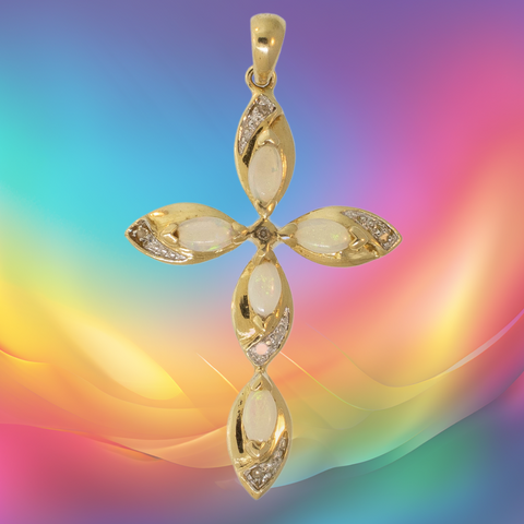 Preowned 14K Yellow Gold Cross Pendant with Marquise Opals & Diamonds