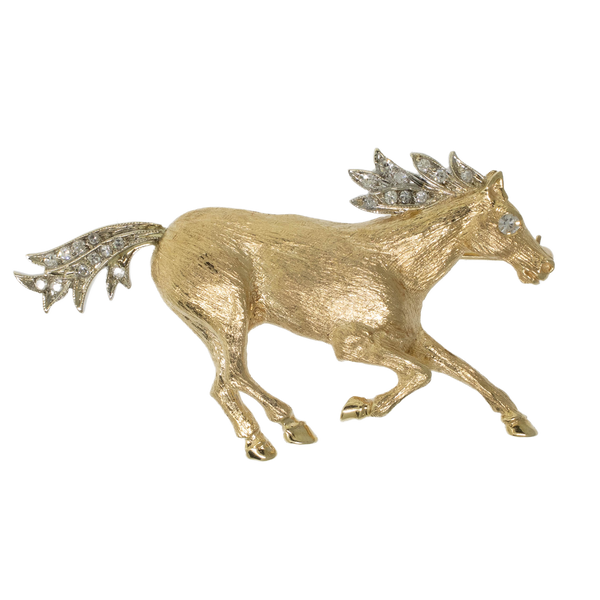 Preowned 14K Two-Tone Gold Horse Pin with Diamonds and Hand-Engraved Finish