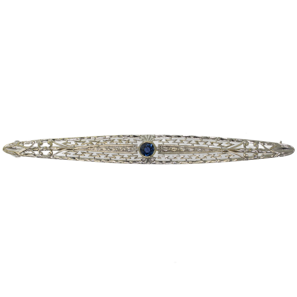 Preowned 14K White Gold Filigree Pin with Sapphire - 63.5mm Long