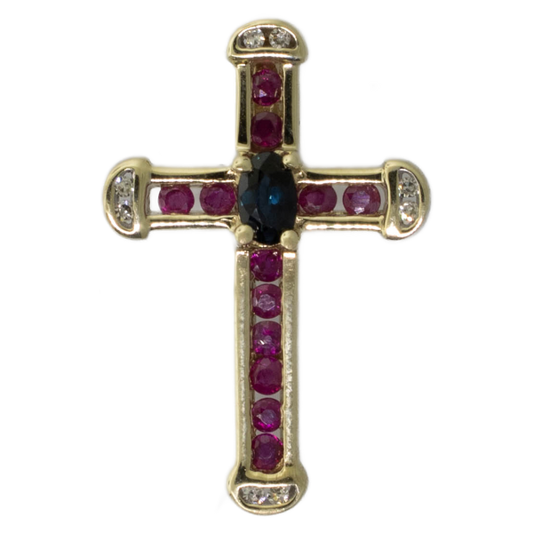 10K Yellow Gold Cross Pendant w/ Sapphire, Rubies & Diamonds 1.2 DWT Vintage