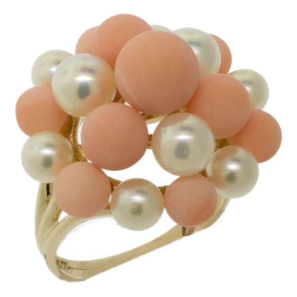 Pre-Owned 14K Yellow Gold Pink Coral & Cultured Pearl Ring, Size 7.25, 5.2 DWT