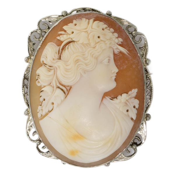 Pre-Owned 14K White Gold Shell Cameo Pin/Pendant with Filigree Frame