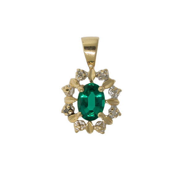 Preowned 14K Yellow Gold Pendant with Oval Synthetic Green Stone and Diamonds