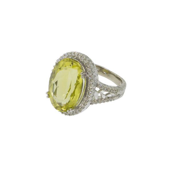 Pre-Owned 14K White Gold Lemon Quartz & Diamond Ring 11CT, Size 6-3/8, 6 DWT