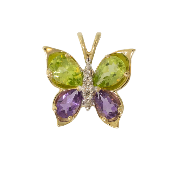 Preowned 14K Yellow Gold Peridot, Amethyst & Diamond Butterfly Pendant