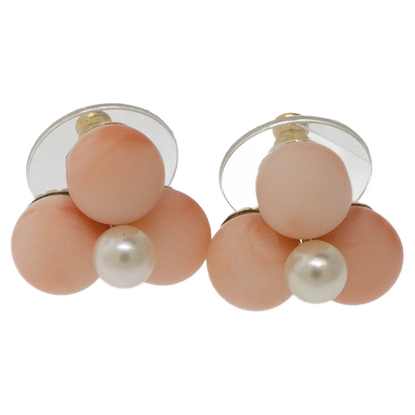 Pre-Owned 14K Yellow Gold Pink Coral & Pearl Earrings, 2.9 DWT, Plastic Backs