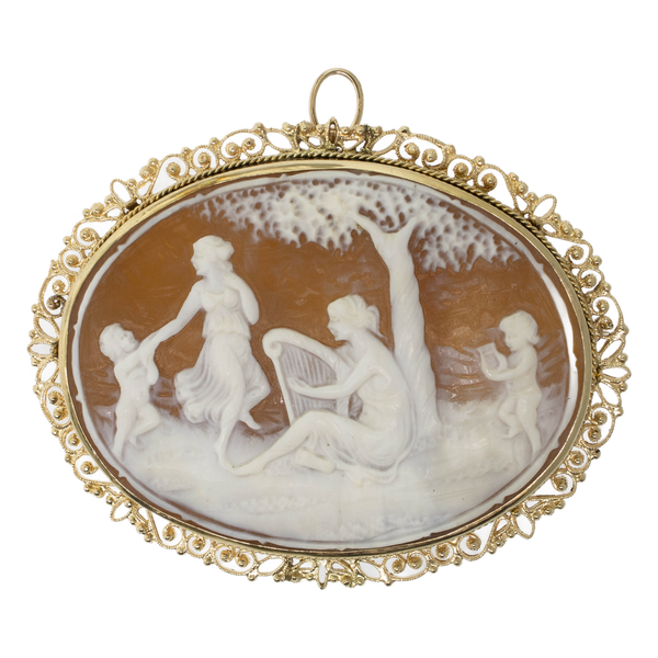 14KY Oval Cameo Pin/Pendant 61x64.5mm Cherubs & Ladies Scene 11.5 DWT