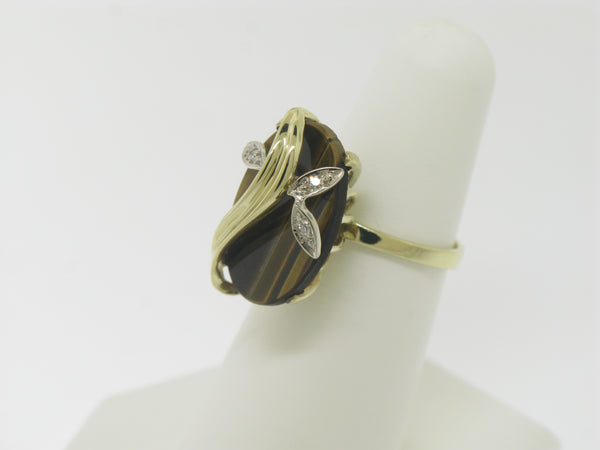14K Yellow Gold Tiger's Eye and Diamond Ring Size 5.5 (Estate Jewelry)
