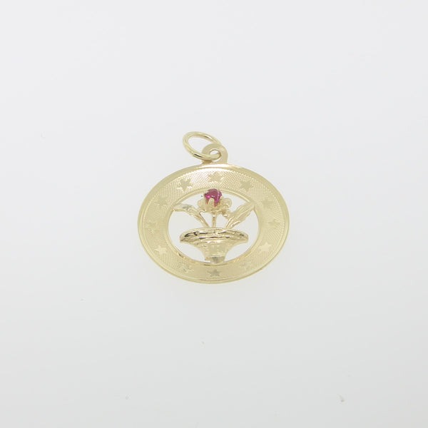 14K Yellow Gold Flower Pot with Red Stone in Circular Frame (Estate)
