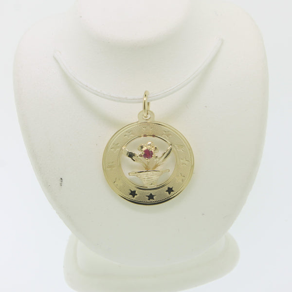 14K Yellow Gold Flower Pot with Red Stone in Circular Frame (Estate)