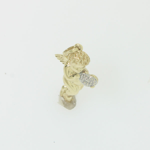 14K Yellow Gold Cupid Cherub Pendant with Rhodium Heart with Diamond (Estate)