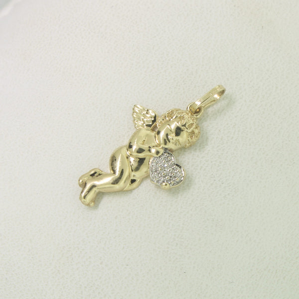 14K Yellow Gold Cupid Cherub Pendant with Rhodium Heart with Diamond (Estate)